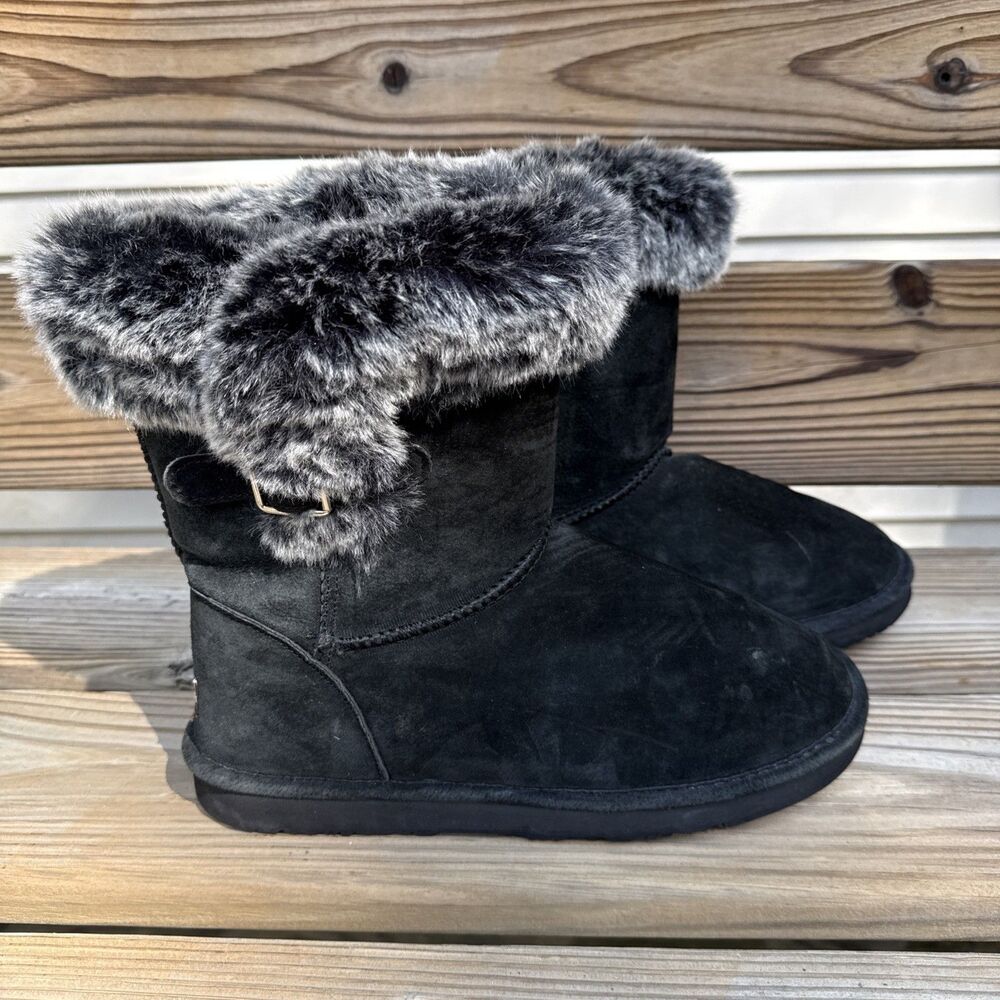 LAMO Boots Womens 10.5 Black Ankle Suede Fur Trim Water & Stain Resistant Buckle